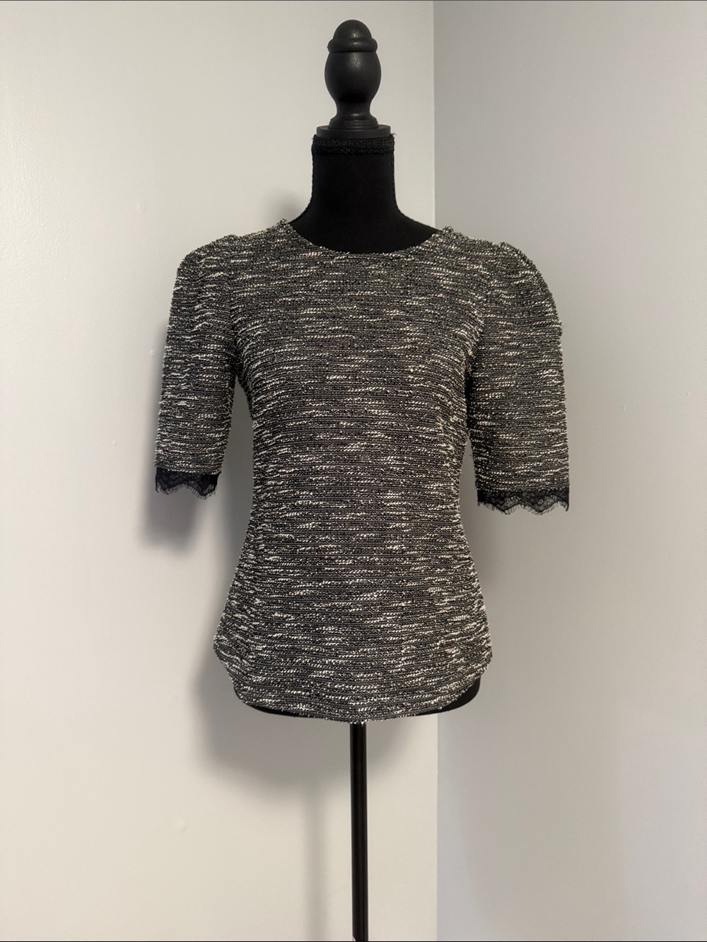 Ann Taylor Black and White Tweed Short-Sleeve Top with Lace Cuffs